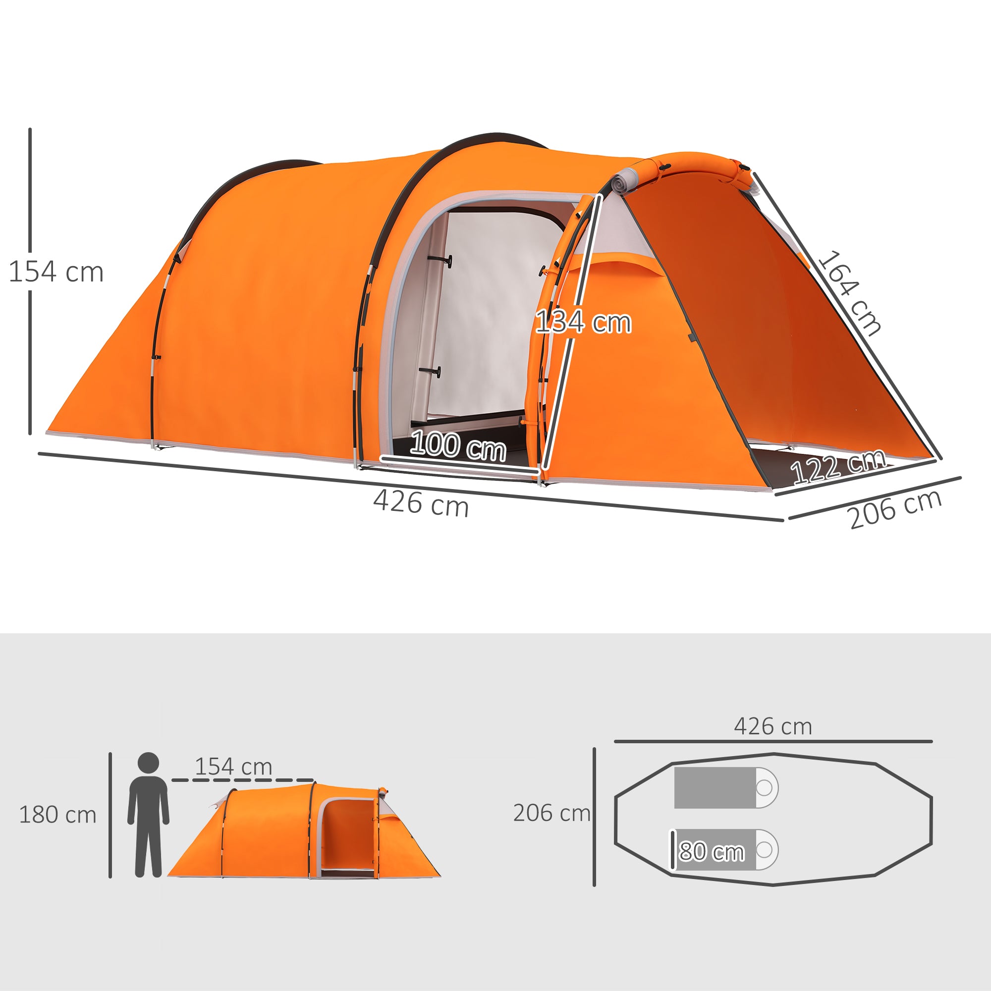2-3 Man Tunnel Tents W/ Vestibule Camping Tent Porch Air Vents Weather-Resistant Shelter, Orange Secondary image