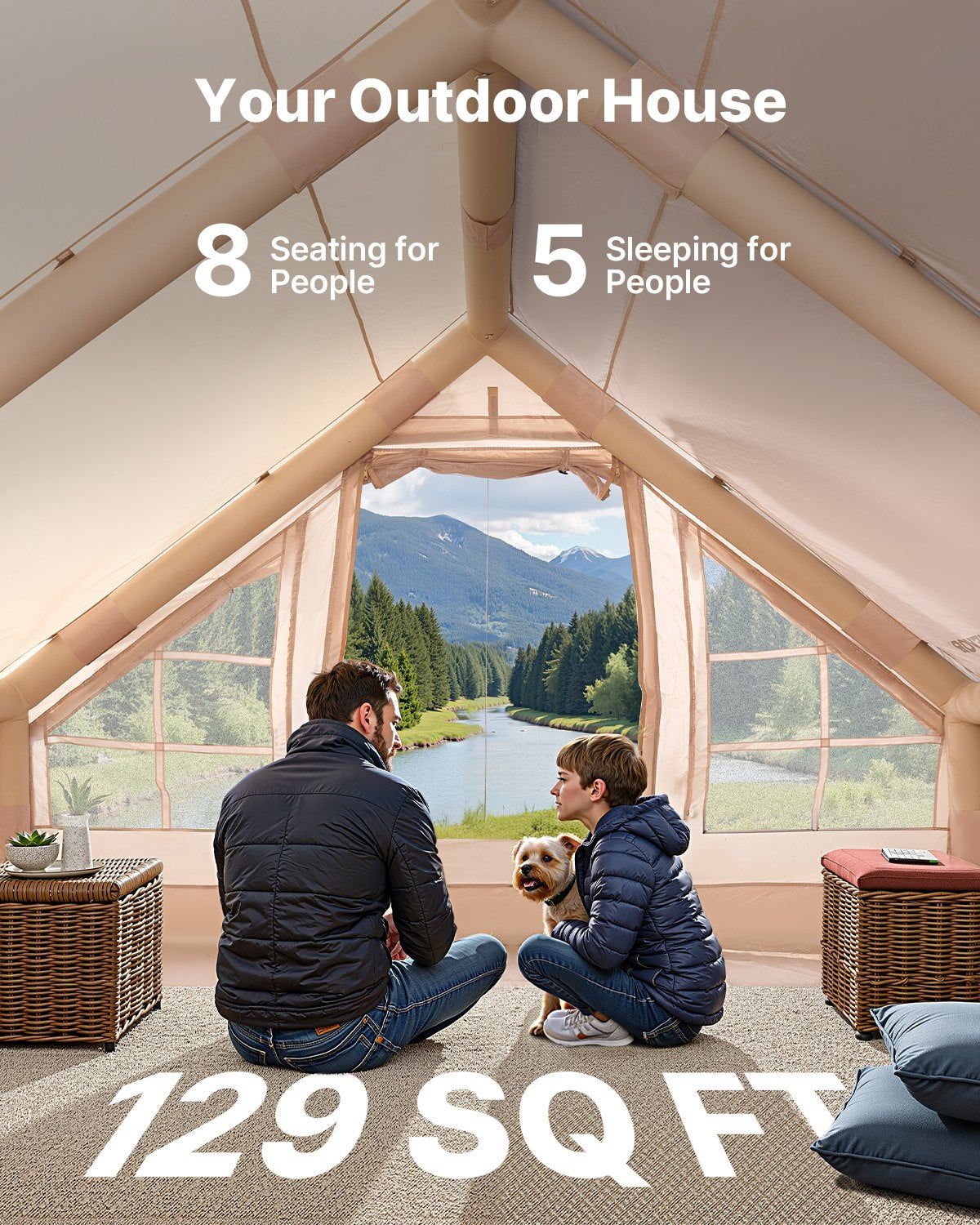 Inflatable Tents For Camping, 5-8 Person Easy Setup Blow Up Tent With Hand Pump, 300D Oxford Glamping Tent With Stove Jack 2 Doors & 4 Mesh Windows, Storage Bag Included For Easy Taking Secondary image