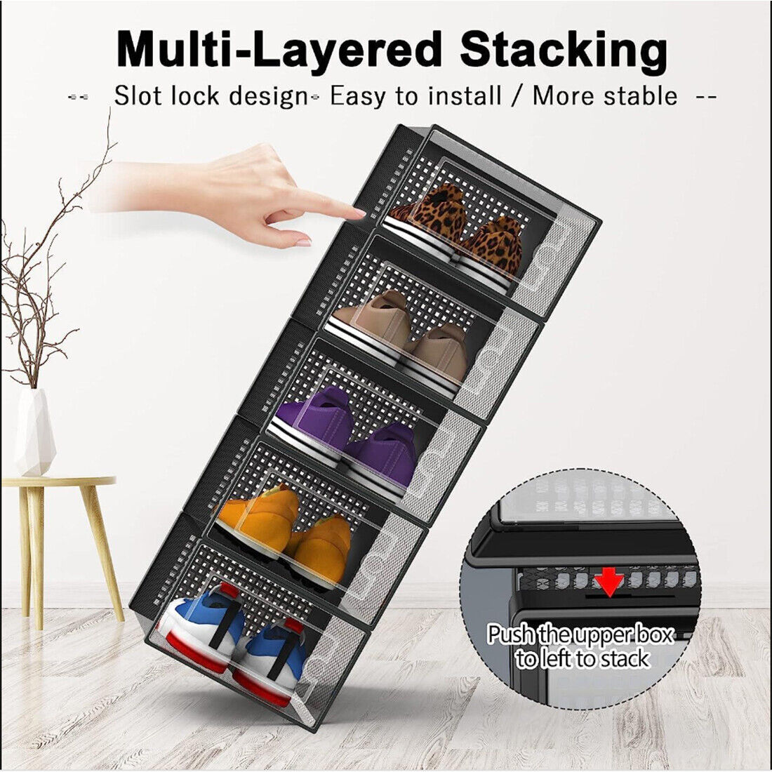 12Pcs Transparent Clear Shoe Storage Box Rack Plastic Organizer Boxers Stackable White Black Secondary image