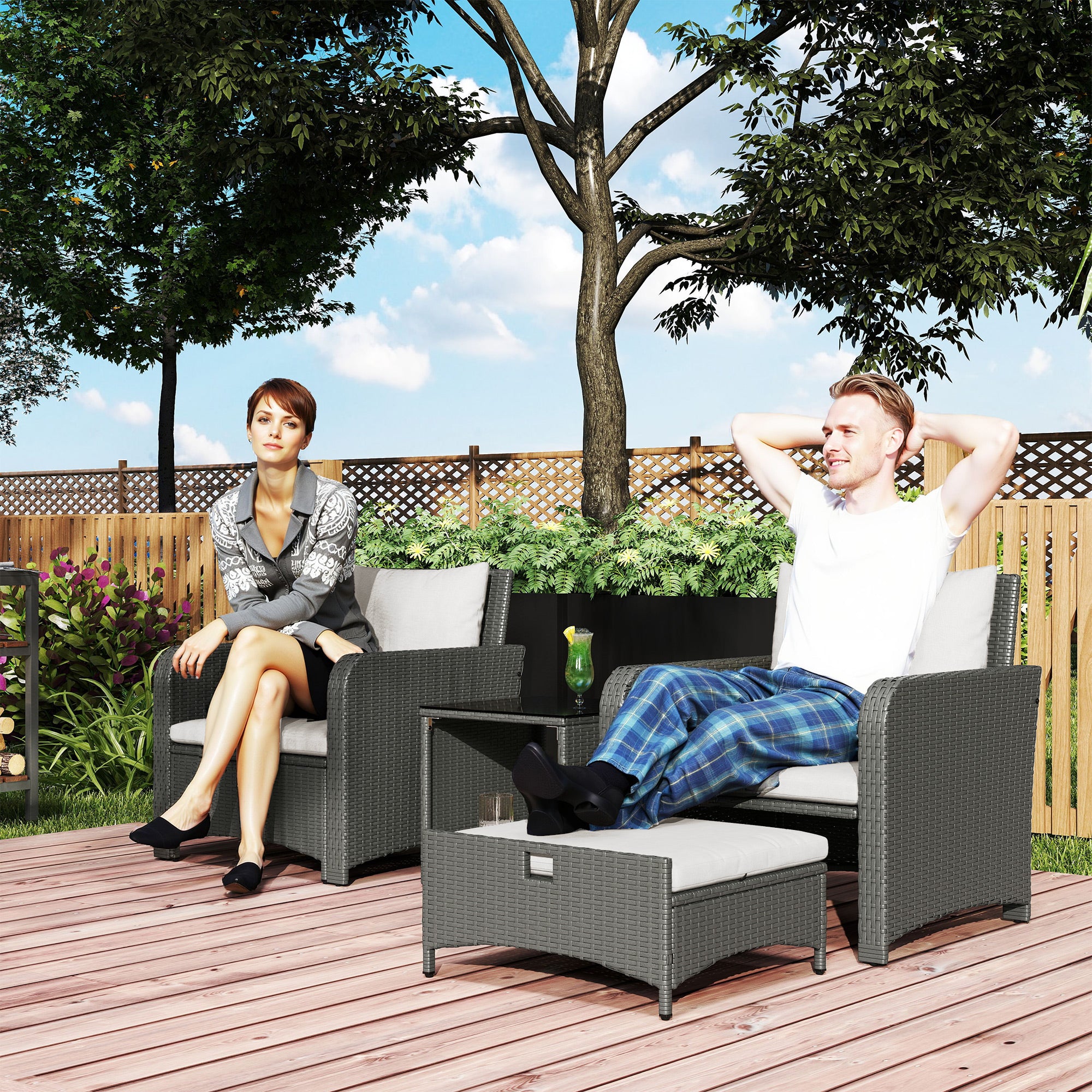 Five Piece Rattan Garden Furniture Set With 2-Tier Coffee Table And Ottomans  - Cream White Secondary image