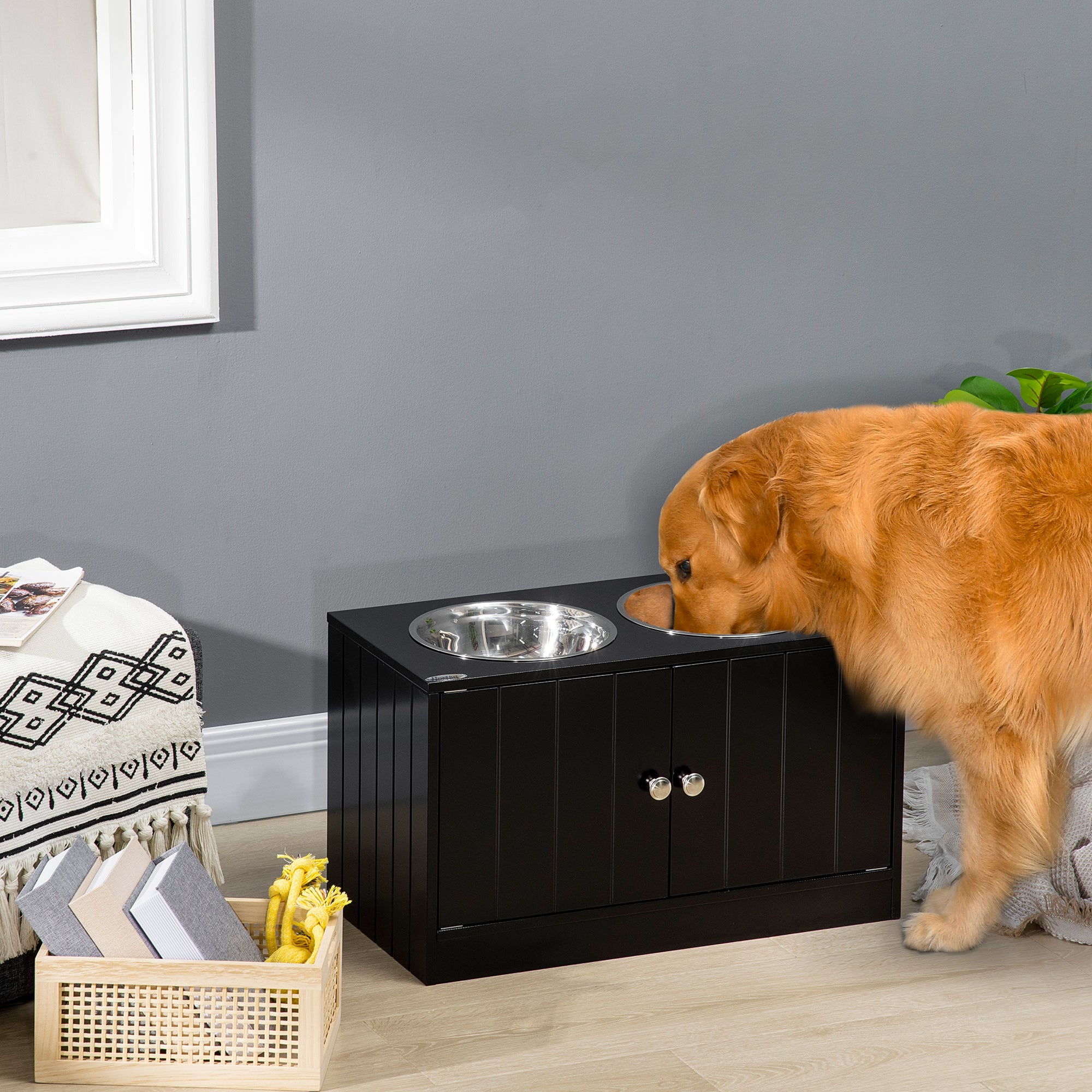 PawHut Raised Pet Feeder, With Two Bowls, Storage - Black Secondary image