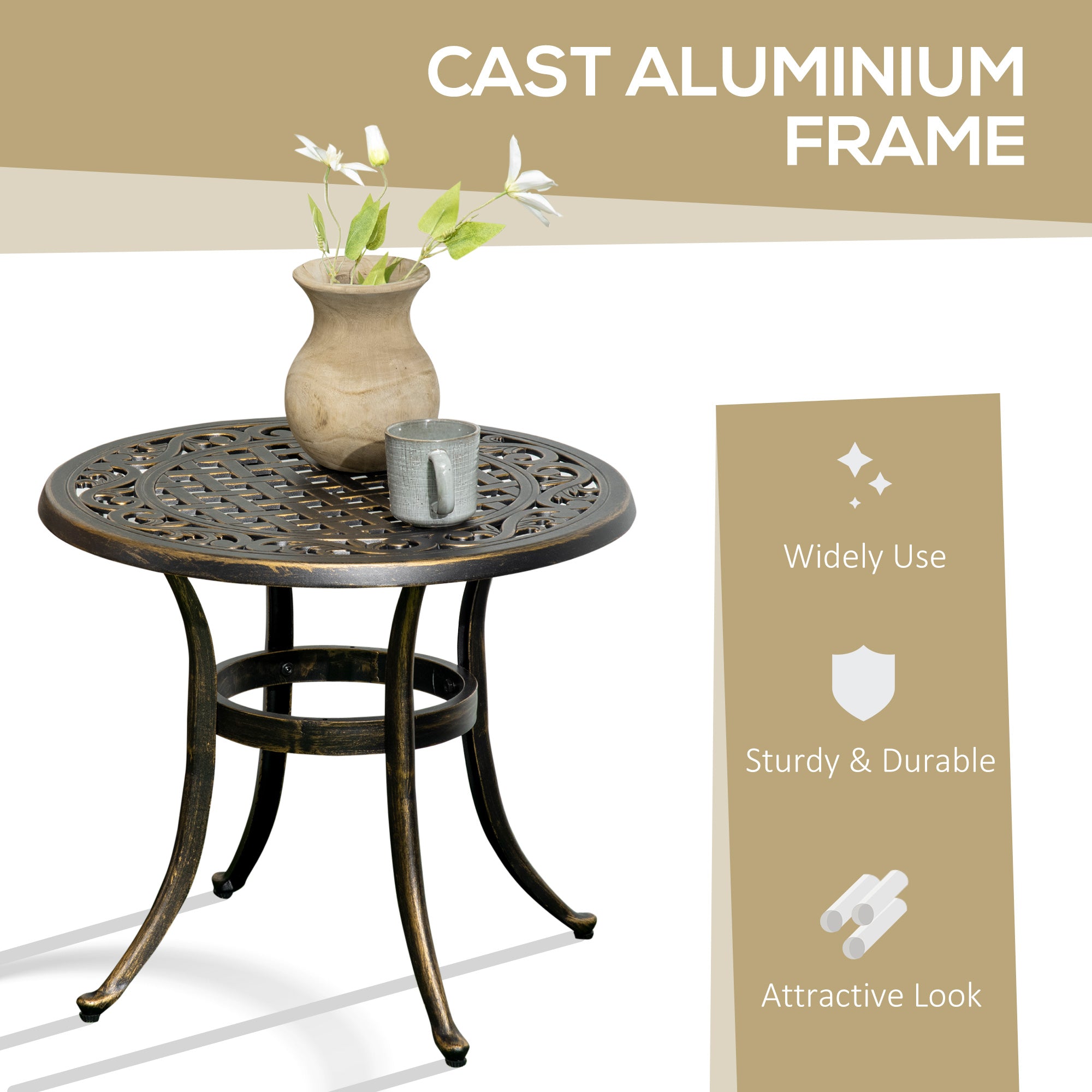 Outdoor Garden Table, Cast Aluminium Patio End Table With Anti-slip Foot Pads For Garden, Patio, Balcony, 60 X 52.5cm, Bronze Secondary image