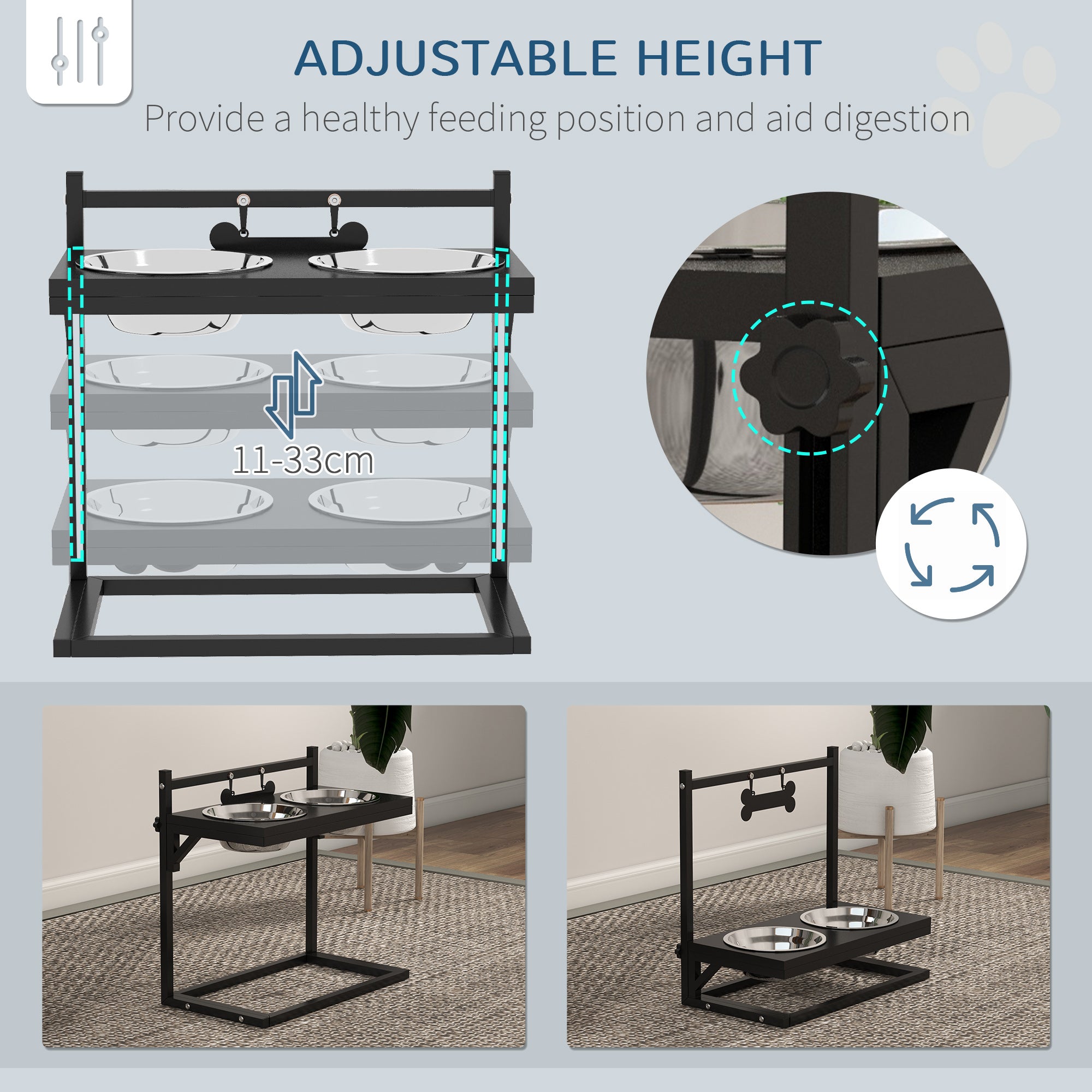 PawHut Dog Bowls With Stand, Adjustable Height Elevated Dog Bows For Small Medium Large Dogs - Black Secondary image