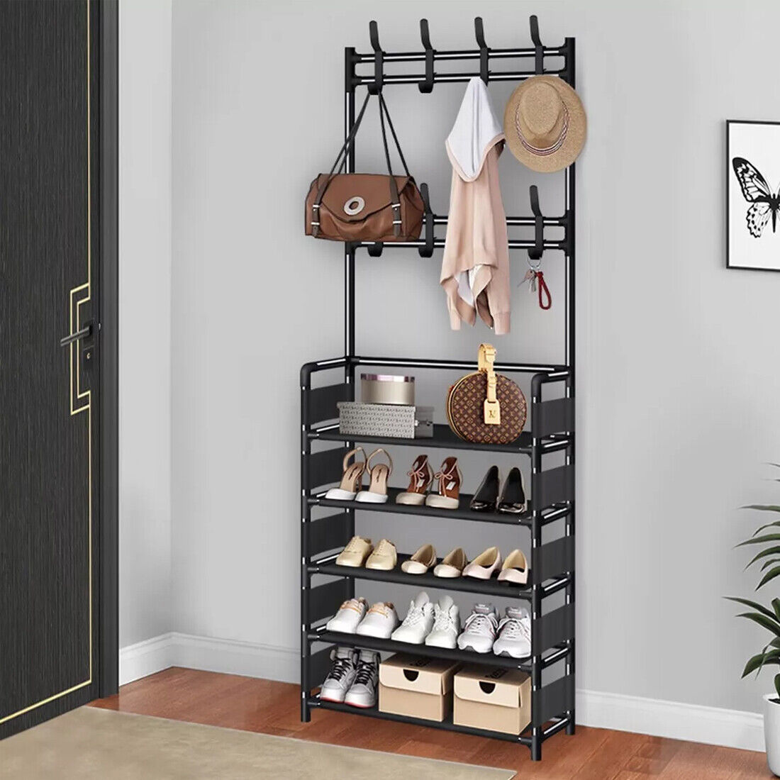 New Coat And Hat Stand 8 Hooks Metal Shoe Rack 5 Tiers Shelf Hanger Black UK Secondary image