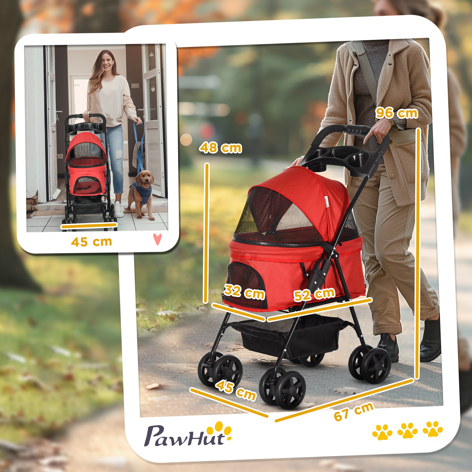 PawHut Dog Pram Dog Stroller Foldable Pet Pushchair With 4 Wheels, Safety Leashes, Cup Holder For Small Dogs, Red Secondary image