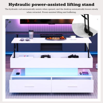 Hydraulic Lift Top Coffee Table, LED Coffee Tables With Storage For Living Room, Coffee Table With 2 Drawers & LED Light For Dining Reception Room, White Secondary image