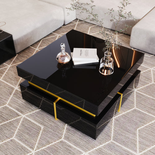 Coffee Table, High-Gloss Living Room Table, Side Table With Drawers And Gold Accents Secondary image