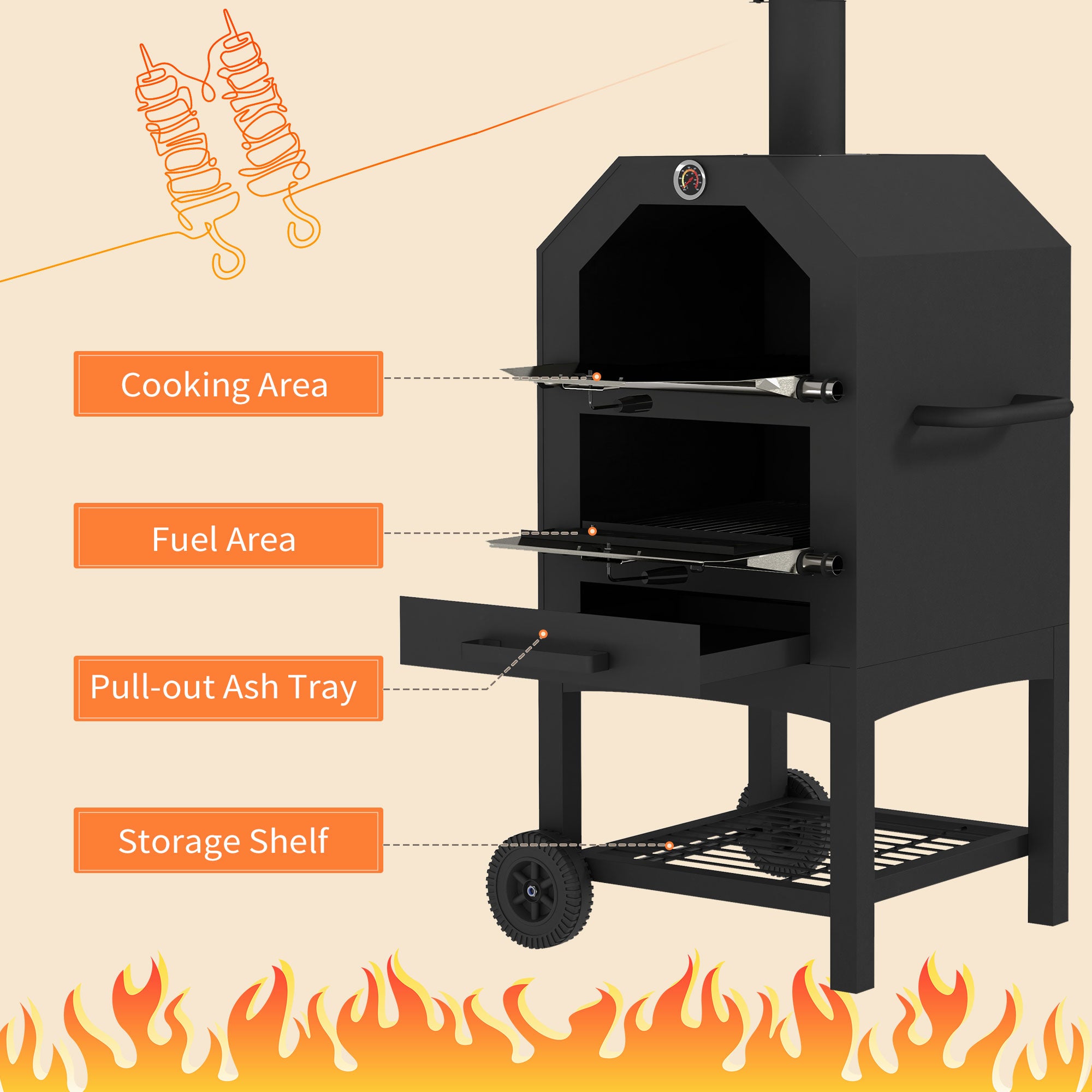 Steel 3-Tier Outdoor Pizza Oven Charcoal BBQ Grill, Black Secondary image