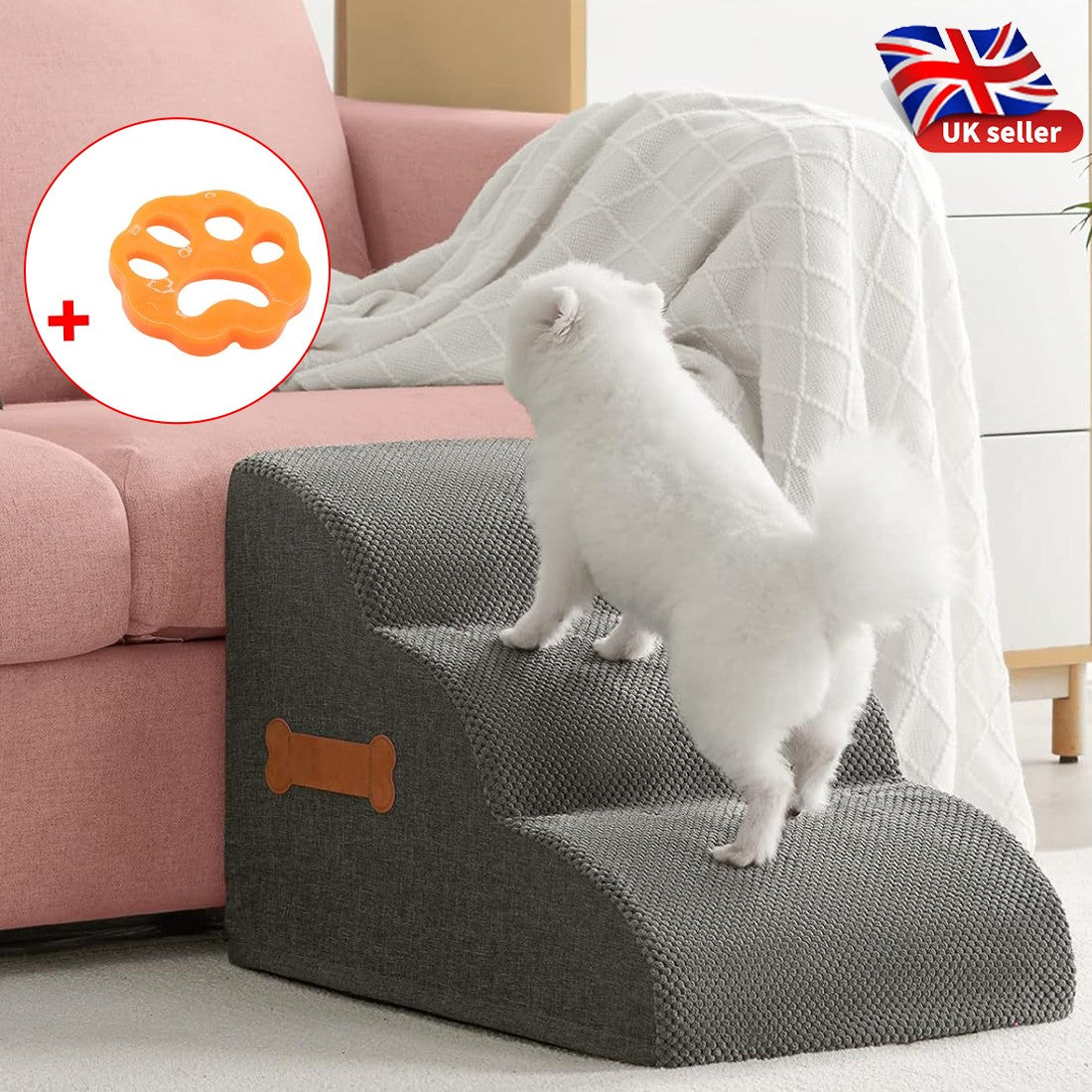 3 Step Dog Stairs Pet For Bed Sofa Cats Ladder Ramp With Removable Cover Portable Secondary image
