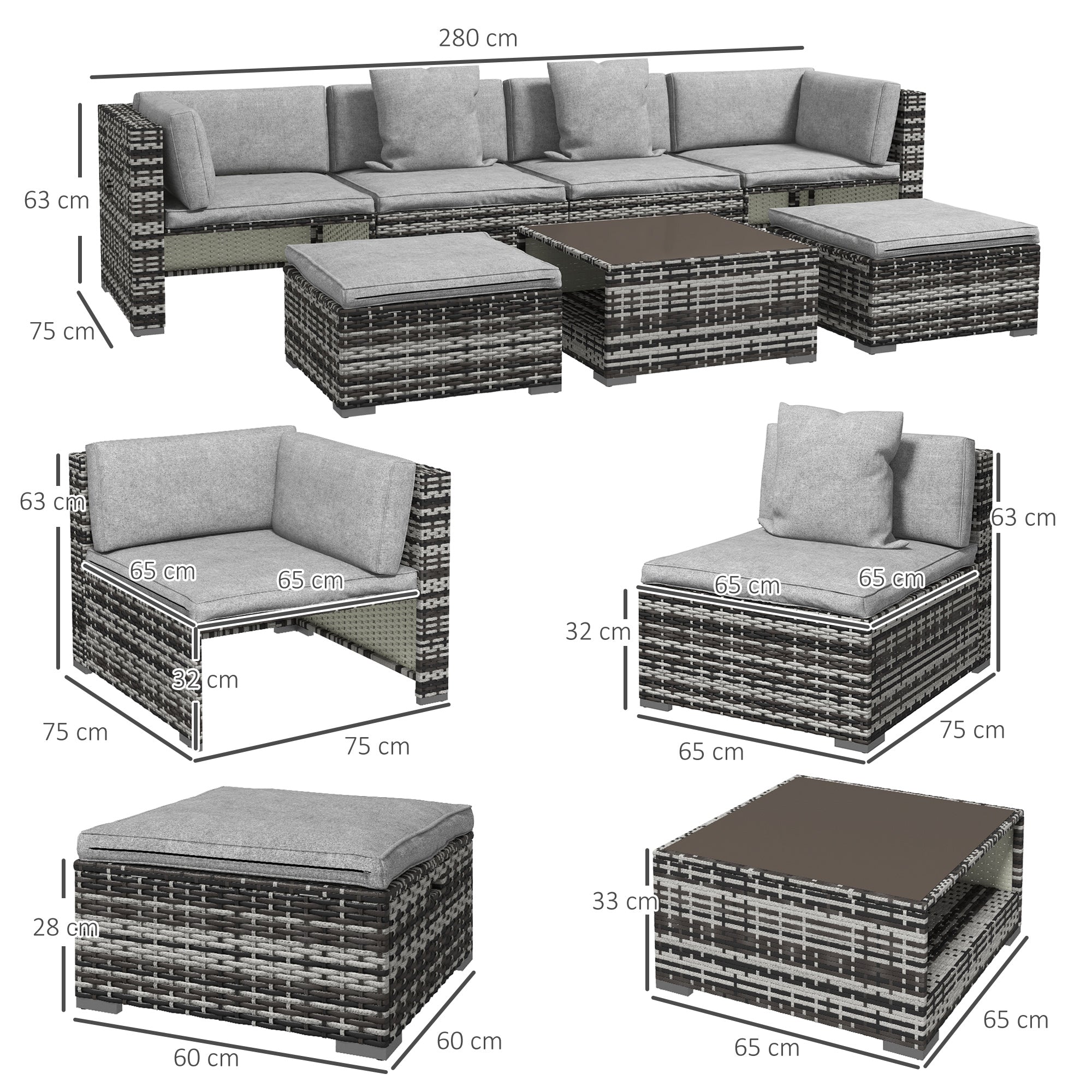 Seven-Piece Rattan Patio Furniture Set, With Cushions - Grey Secondary image