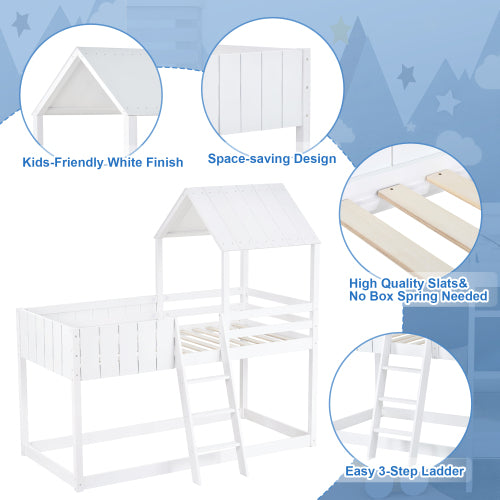Wooden Bunk Bed, Loft Bed With Ladder And Guard Rail, Mid-Sleeper Cabin Bed, 3 FT Single Treehouse Canopy, Shaped With Space-Saving Design For Children& Kids Home White-90x190 Cm Secondary image