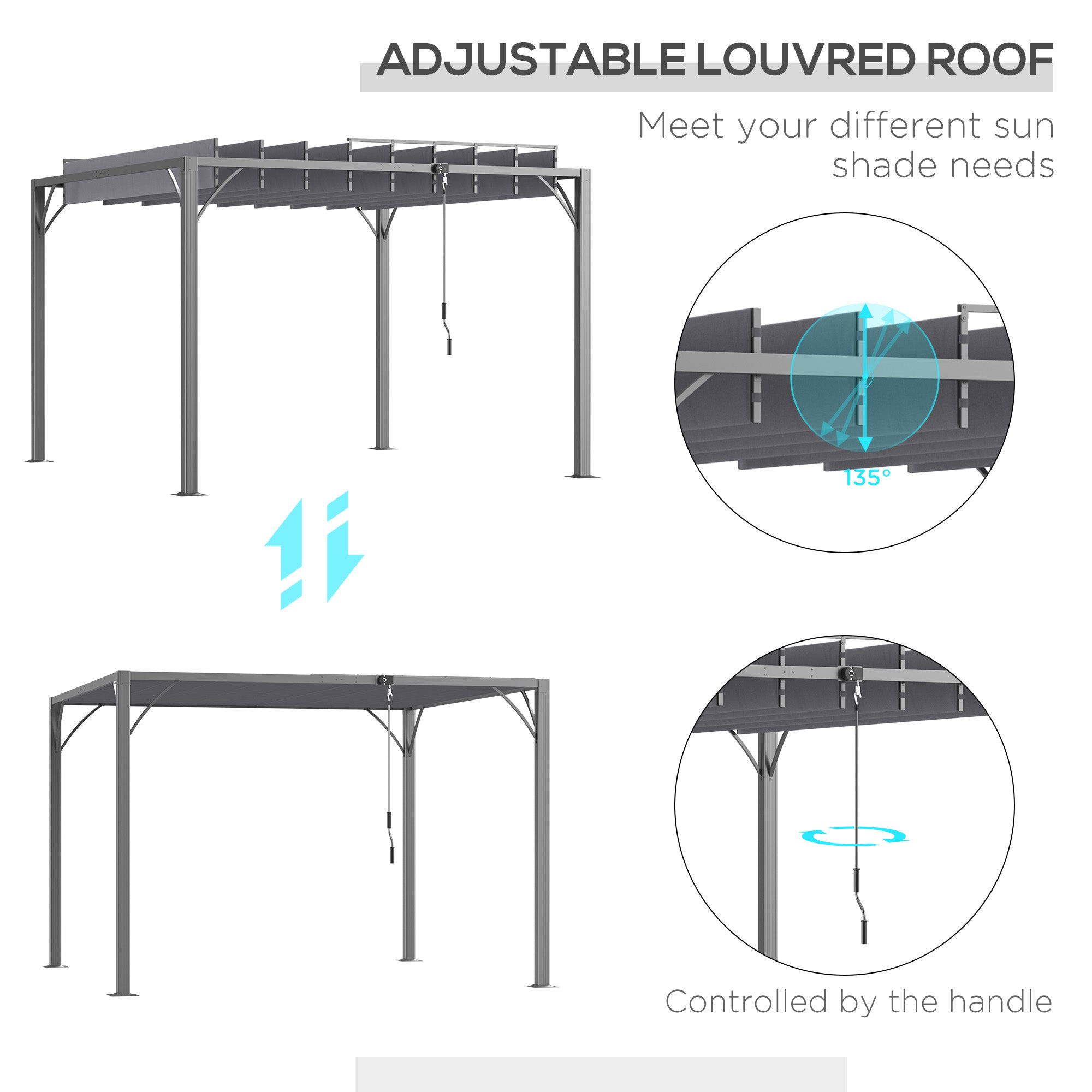 3 X 3(m) Outdoor Pergola With Retractable Roof, Aluminium Louvered Patio Gazebo Canopy For Lawn Garden Patio, Grey Secondary image