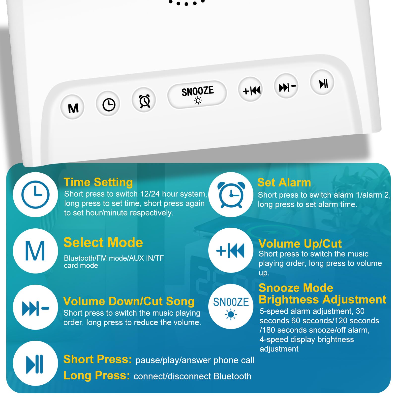 Alarm Clocks Bedside, Digital Alarm Clock Radio With Bluetooth Speaker, USB Charging Port, FM Radio, Universal Wireless Qi Charging, Dimmable LED Display, Dual Wireless Speaker For Home, Work Secondary image