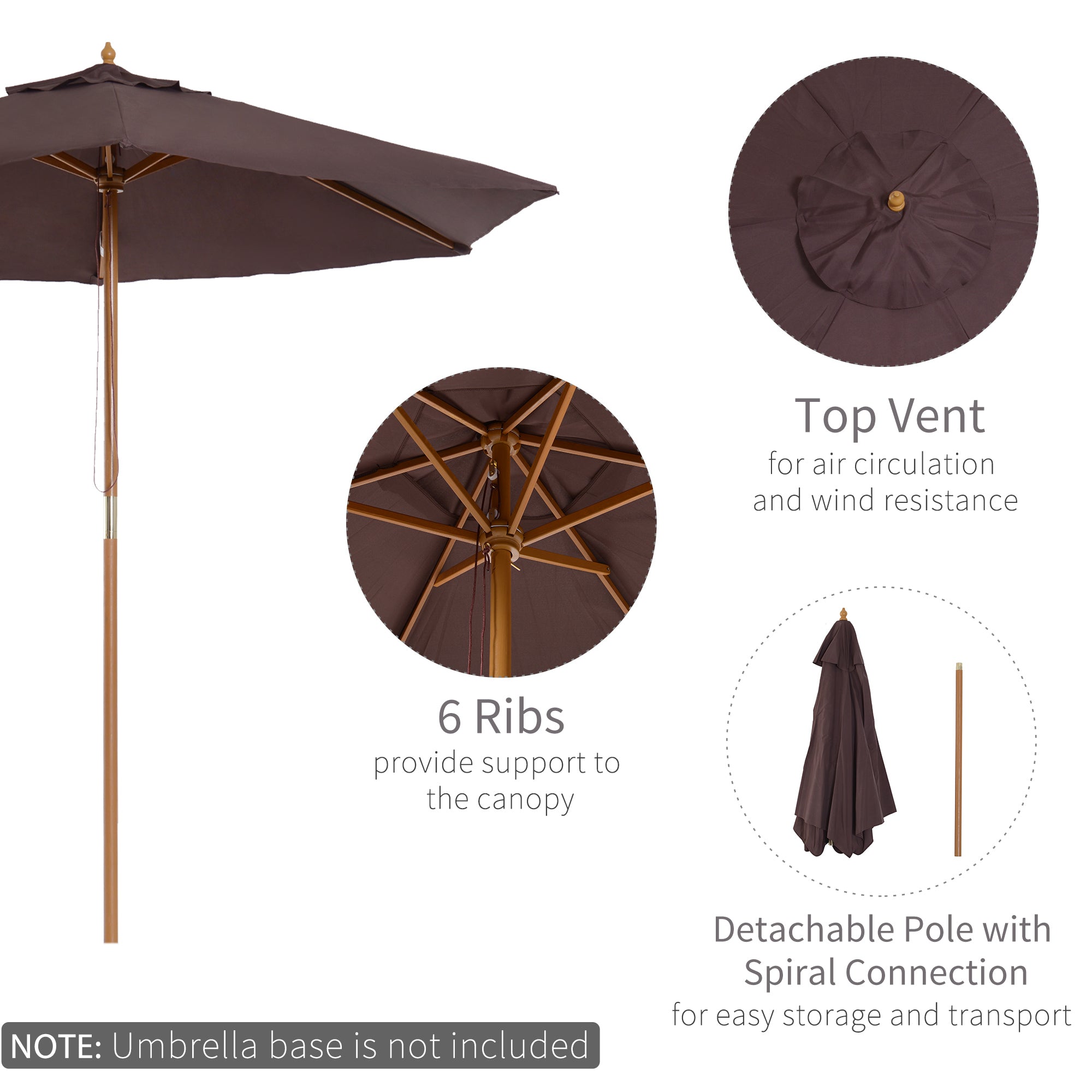 2.5m Wood Garden Parasol Sun Shade Patio Outdoor Wooden Umbrella Canopy Coffee Secondary image