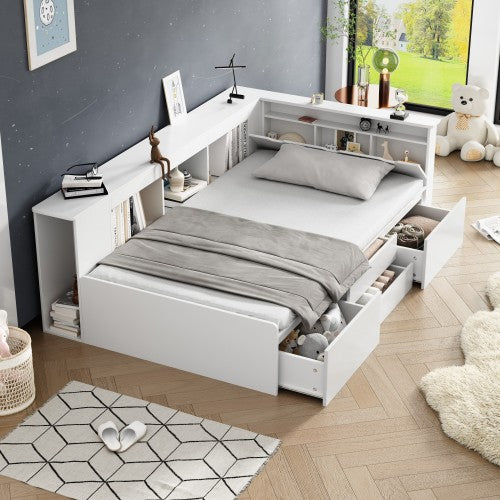 Children's Bed, Single Bed-3ft90x190cm, Single Bed, Multifunctional Children's Bed With Drawers, Bookcase And Storage Cupboard, Bed Box With Storage Space, Without Mattress, White Secondary image