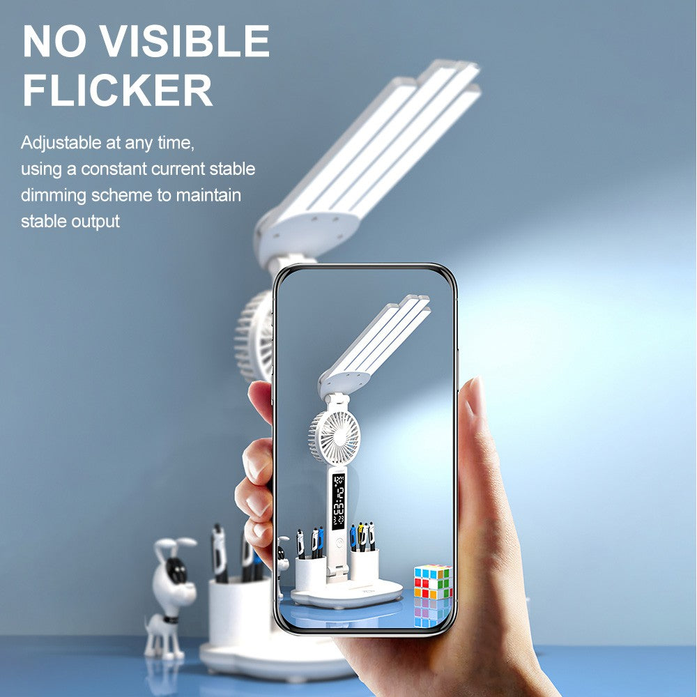 4-Head LED Desk Reading Lamp With Fan Clock Dimmable Rechargeable Touch Light Secondary image