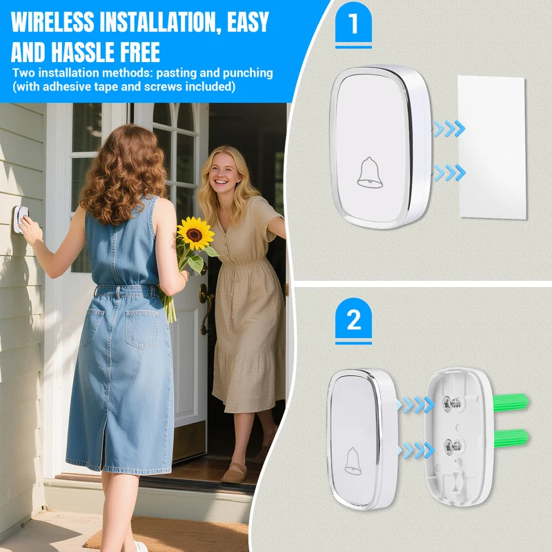 Wireless Doorbell Kit, IP44 Waterproof Push Button, 1000ft or 300M Range, 36 Ringtones, 4-Level Volume, Battery-Operated, Plug-in Chime Secondary image