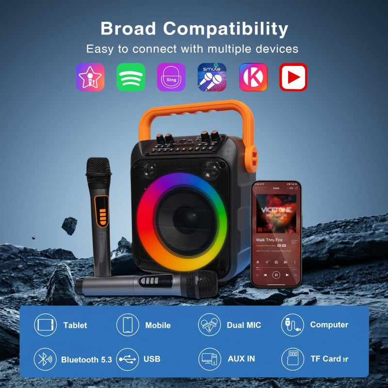 Karaoke Machine With 2 Wireless Microphones And RGB Color Lights,Karaoke Speaker Supports Secondary image