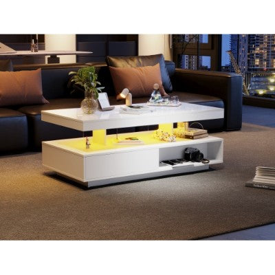 Led Coffee Table With 2 Drawer Storage, High Gloss Coffee Table For Living Room Open Storage Space Centre Table With 16-Color Led Lights,End Table For Home Office Furniture, White Secondary image