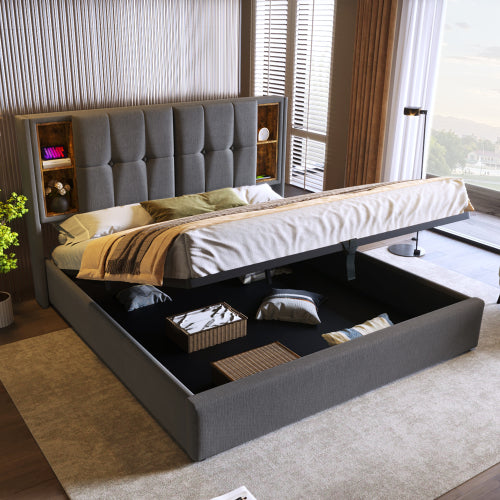 Upholstered Double Bed 150 X 200cm With Wireless Charging USB Tyep-C, Hydraulic Storage Bed With Hydraulic Lever, Linen Fabric 5FT King Size Bed Frame With Large Storage Space,Grey No Mattress Secondary image