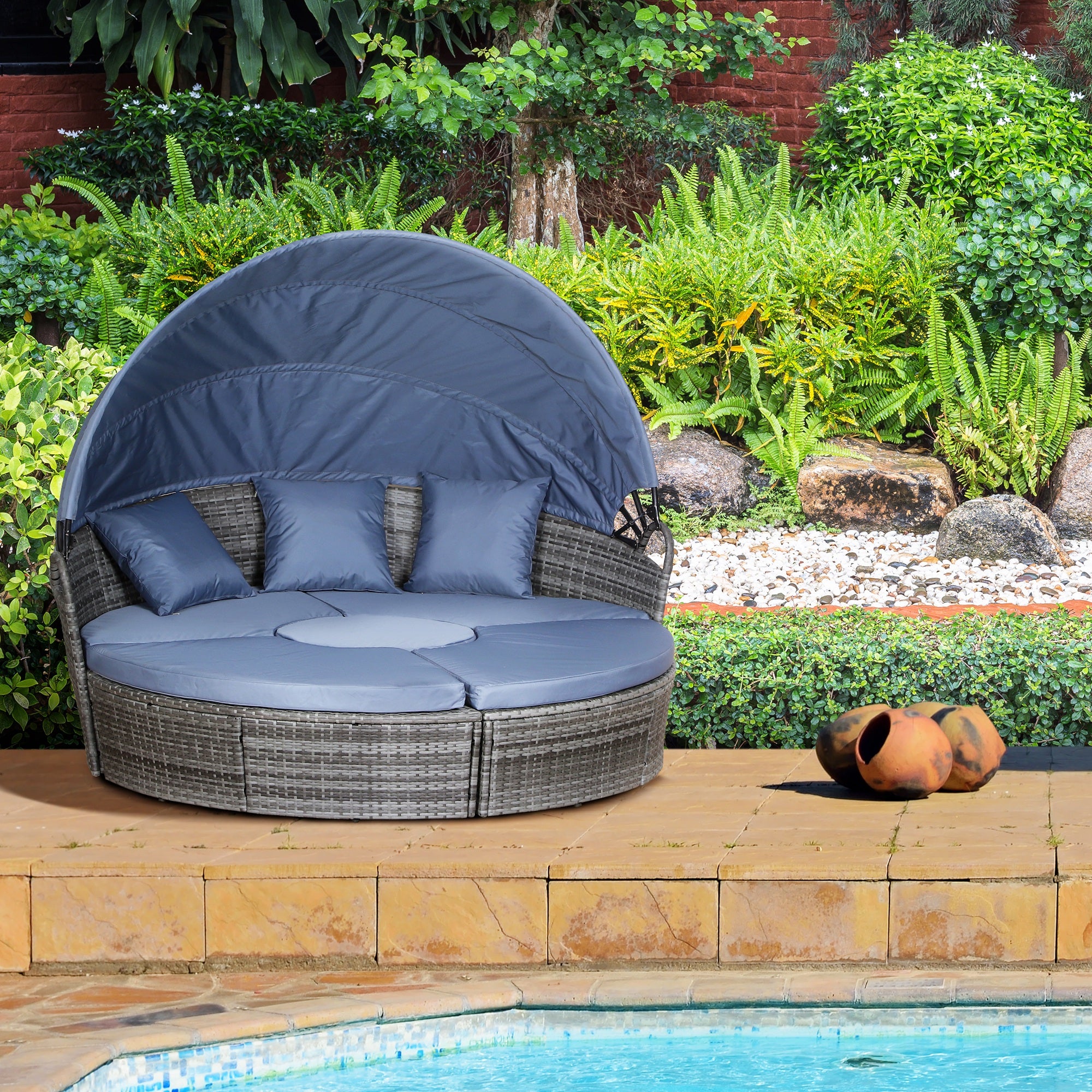 Outdoor Garden PatioRound Daybed With Retractable Canopy, Coffee Table And Three Pillows Grey Blue Grey Secondary image
