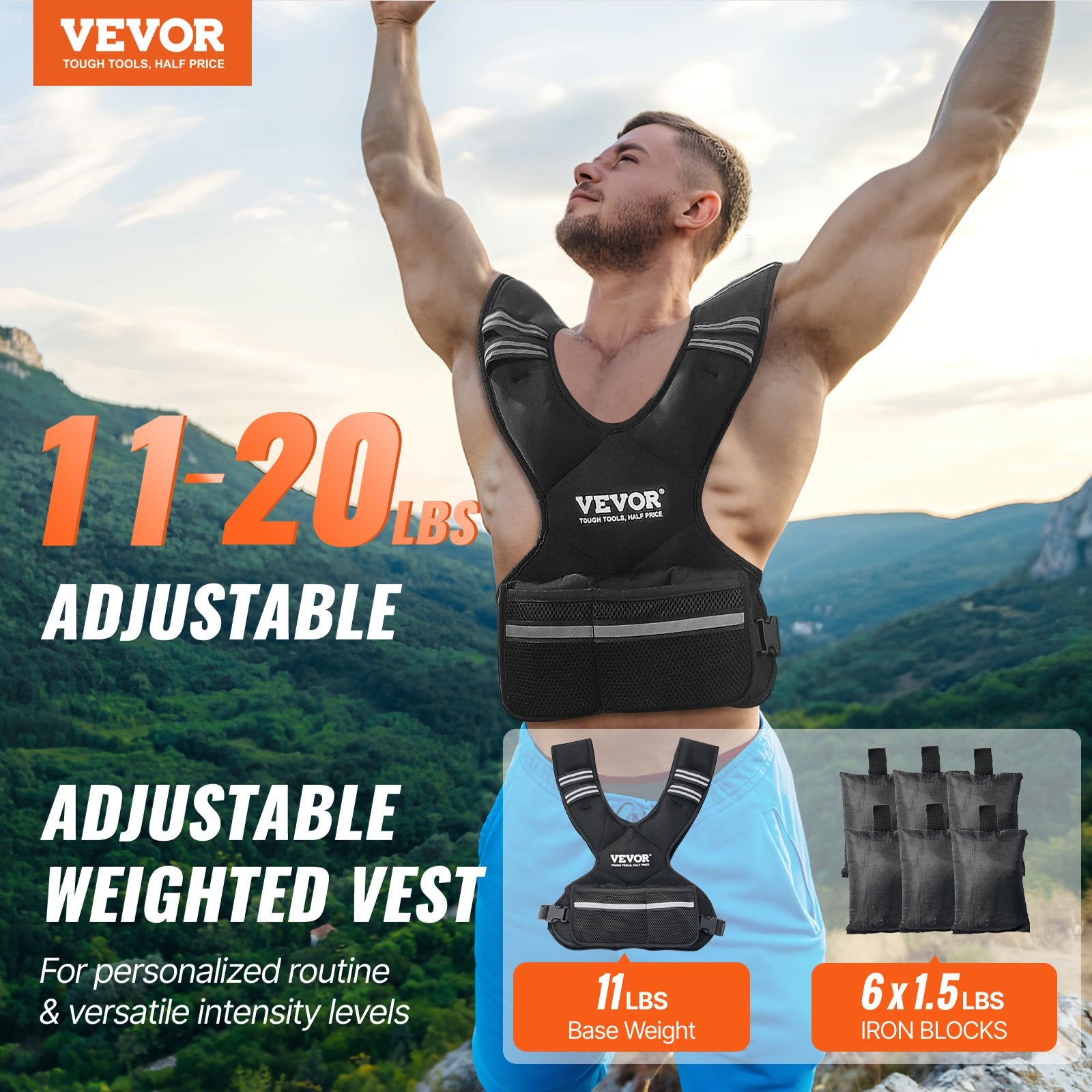 Adjustable Weighted Vest, 11-20lb Weight Vest With 6 Ironsand Weights And  Reflective Stripe, Body Weight Vest Exercise Set For Men Women, Workout Equipment For Strength Training Running Jogging Secondary image